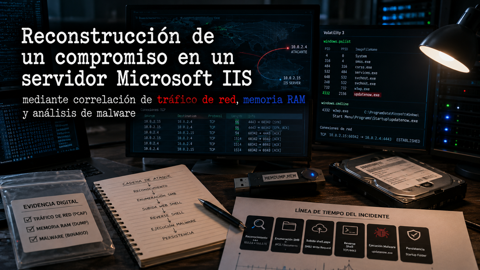 Reconstruyendo una intrusión en un servidor IIS mediante correlación de tráfico de red, memoria RAM y análisis de malware